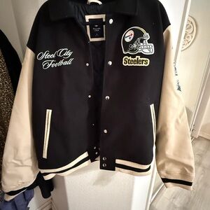 Abercrombie & Fitch x Steelers NFL Black and Cream Varsity Jacket